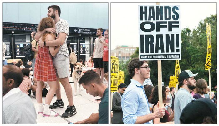 이스라엘 텔아비브 인근 라마트간에서 이란의 공습을 피해 지하철역으로 대피한 주민들이 공포를 이기기 위해 껴안고 있다(왼쪽 사진). 이날 미국 워싱턴DC 백악관 앞에서 친팔레스타인 시위대가 이스라엘의 대이란 공습에 미국의 참여를 검토하는 행정부에 항의하고 있다. [AP·AFP = 연합뉴스]