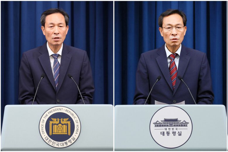 우상호 정무수석이 22일 서울 용산 대통령실 청사에서 여야 지도부 회동 관련 브리핑을 하고 있다. 이날 대통령실은 대통령실 청사를 형상화한 기존 로고 대신 청와대 로고가 적용된 발언대를 사용하기 시작했다. 왼쪽 사진은 지난 19일 기존 대통령실 청사 로고가 적용된 모습. 김호영 기자