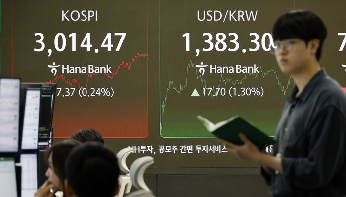 코스피가 23일 미국의 이란 공격에 따른 중동 불안에도 장중 낙폭을 줄여 3010대에서 약세 마감했다. 이날 코스피 지수는 전장보다 7.37p(0.24%) 내린 3014.47로 장을 마쳤다. 서울 중구 하나은행 딜링룸에 주가 환율 지수가 표시되고 있다. [김호영 기자]