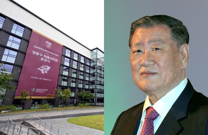 고려대학교 정몽구 미래의학관(왼쪽)과 정몽구 현대차그룹 명예회장 [사진출처=현대차그룹/ 편집=최기성 매경 디지털뉴스룸 기자]
