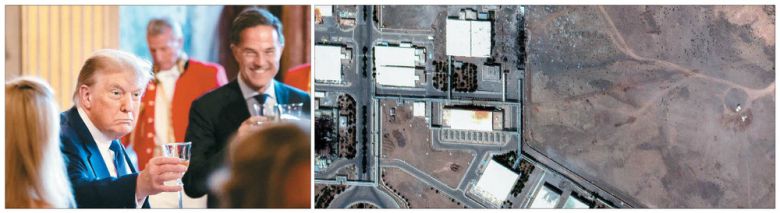 이스라엘·이란 휴전을 성사시키고 24일(현지시간) 북대서양조약기구(NATO·나토) 정상회의 참석을 위해 네덜란드 헤이그를 찾은 도널드 트럼프 미국 대통령이 네덜란드 국왕 주최 환영 만찬에서 잔을 들고 건배 제의를 하고있다(왼쪽 사진). 같은 날 위성사진 분석업체 맥사테크놀로지가 촬영해 공개한 이란 나탄즈 핵단지 내 농축시설 모습에서는 미국의 폭격으로 분화구처럼 파였던 구덩이들이 흙으로 메워져 있음을 확인할 수 있다. 로이터연합뉴스·맥사테크놀로지