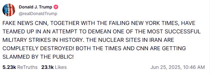 트럼프 대통령이 지난 24일(현지시간) 자신의 트루스소셜에 올린 글. [사진 = 트루스소셜]
