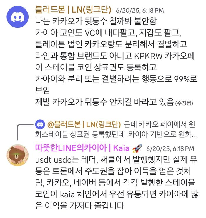 카이아 공식 디스코드에서 홀더들이 나눈 대화. 그동안 카카오가 카이아와 선을 긋는 듯한 행보를 보여왔기 때문에 카카오가 원화 스테이블코인을 발행하더라도 카이아와 관계가 없을 수 있다는 불안감을 느낄 수 있다. <출처: 카이아 공식 디스코드 >