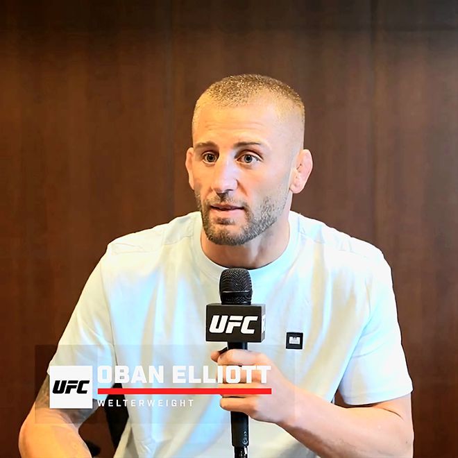 Contender Series 시즌7 출신 오반 엘리엇이 2025년 6월 아제르바이잔 바쿠 UFC on ABC 8 파이트 위크 인터뷰를 하고 있다. 사진=TKO