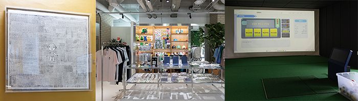 (순서대로) 계단을 오르며 자연스럽게 마주하게 되는 지민경 작가의 작품.  1층 기념품 숍에서는 골프웨어와 각종 굿즈를 판매한다.  2층 북카페 앞에 자리한 스포츠체험관.