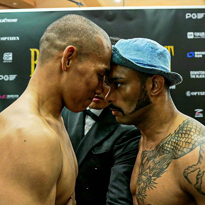 ‘캡틴 코리아’ 정한국과 ‘머큐리’ 플라비우 산투스가 2025년 7월 경기도 오산시 블랙컴뱃 챔피언스리그 시즌2 13주차 계약 체중 72㎏ 5분×3라운드 메인이벤트 계체 통과 후 마주 보고 있다. 정한국은 블랙컴뱃 라이트급 4위, 머큐리는 블랙컴뱃 라이트급 9위다. 사진=이데아 파라곤