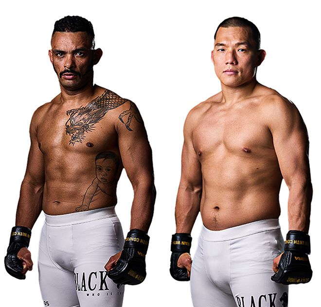 카자흐스탄 Naiza FC 플라이급 타이틀 도전자 ‘머큐리’ 플라비우 산투스, 제우스FC 및 젠틀맨 플라워 라이트급 챔피언 ‘캡틴 코리아’ 정한국. 플라비우 산투스는 블랙컴뱃 라이트급 9위, 정한국은 블랙컴뱃 라이트급 4위다. 사진=이데아 파라곤