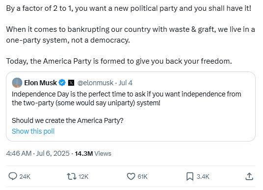 일론 머스크 테슬라 CEO가 X에 신당 창당을 공식 선언했다. [사진=머스크 X 캡처]