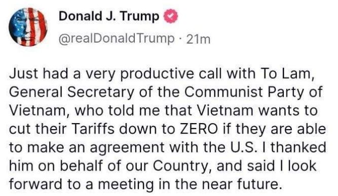 베트남과의 합의를 설명하는 트럼프 미국 대통령 트루스소셜.