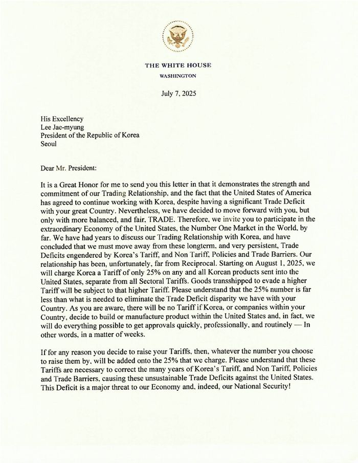 도널드 트럼프 미국 대통령이 7일(현지시간) 자신의 소셜미디어(SNS) 트루스소셜에 공개한 이재명 대통령에게 보내는 관세 관련 서한. [사진 = 트럼프 대통령 트루스소셜 캡처]