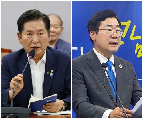 더불어민주당 차기 당 대표 선거에 출마한 정청래 의원이 지난 9일 서울 여의도 국회 의원회관에서 열린 당원 주권 정당개혁 토론회에서 발언하고 있다.(사진 왼쪽) 같은 날 박찬대 의원은 전남 무안군 전남도의회 브리핑룸에서 기자회견을 열고 인사말하고 있다. [사진 출처 = 연합뉴스]