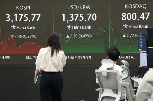 11일 오후 서울 중구 하나은행 본점 딜링룸 현황판에 코스피 지수, 원/달러 환율, 코스닥 지수가 표시돼 있다.  [연합뉴스]