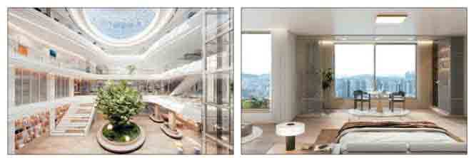 삼성물산이 제안한 '아트리움 커뮤니티' 예시(왼쪽)와 대우건설이 제안한 3면 개방 거실.
