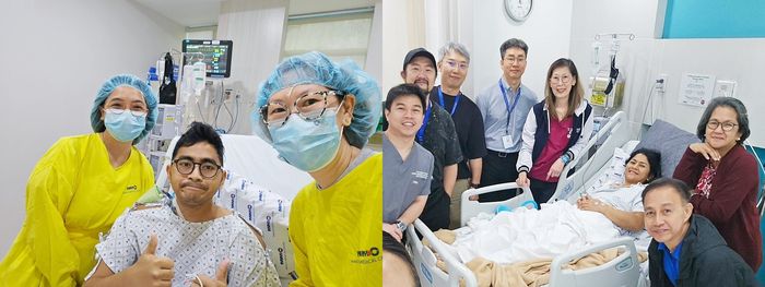 한국 의료진에게 생명을 선물 받은 프란츠 아렌 바바오 레예즈 씨가 ‘한국 의료 최고’라 외치며 두 손 모두 엄지를 치켜세운 사진을 전달해왔다.(왼쪽사진) 생체 간이식 수술을 받은 모자의 가족들이 한국 의료진에게 감사함을 전하기 위해 마카티병원에 찾아왔다. 왼쪽 두 번째가 김기훈 서울아산병원 간이식·간담도외과 교수.