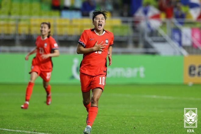 지소연이 결승골을 터뜨린 뒤 기뻐하고 있다. 사진=대한축구협회