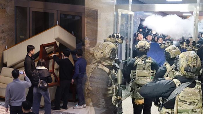 12월3일 계엄군을 막아내는 보좌진들. [사진출처 = 한동훈 페이스북]