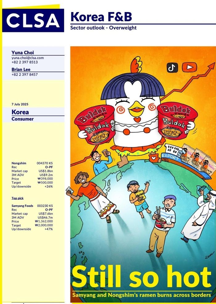 삼양식품 목표가를 크게 올린 CLSA 보고서. 이날 삼양식품 주가는 5% 올랐다.