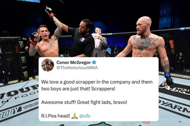 코너 맥그리거는 마지막까지 존중(?)이 담긴 트래시 토크로 포이리에를 보내줬다. 그는는 “우리는 좋은 파이터를 사랑하고 포이리에와 할로웨이 모두 그런 파이터다. 전사들이다. 멋진 경기였다. 잘 싸웠다. 브라보! R.I.Pea head!”라고 전했다. 사진=X