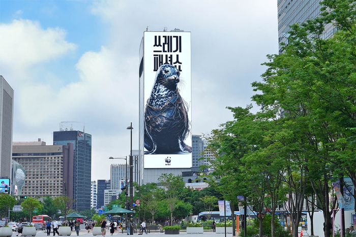 22일 제일기획(대표이사 사장 김종현)과 WWF(세계자연기금)는 플라스틱 오염의 심각성을 알리는 ‘쓰레기 패션쇼’ 캠페인을  오는 8월 20일까지 진행한다고 밝혔다. 사진은 광화문 대형 전광판에 선보인 ‘쓰레기 패션쇼’ 캠페인 영상 중 폐그물에 몸이 감긴 물범의 모습. [제일기획]