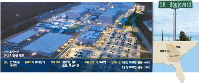 SKBA 조지아 공장은 주중·주말할 것없이 밤낮으로 배터리 생산을 위한 풀가동을 이어가고 있다. 사진은 SKBA 조지아공장 전경. [사진 = SK온]