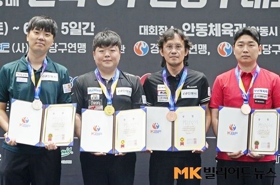 ‘2025 안동시장배 전국3쿠션당구대회’ 입상자. (왼쪽부터) 준우승 김행직, 우승 조명우, 공동3위 정역근 김민석.