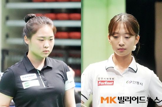 김하은(왼쪽)과 최봄이가 5일 경북 안동실내체육관서 열린 ‘안동시장배전국3쿠션당구대회’ 4강에서 각각 최윤서와 이채은을 꺾고 결승에서 만난다. 두 선수는 7월 남원 전국당구선수권 결승(김하은 승)에 이어 20일만에 결승에서 리턴매치를 갖는다.