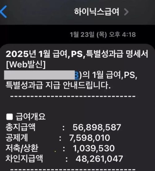 지난 1월 SK하이닉스 직원의 급여명세서. [사진출처=온라인 커뮤니티]