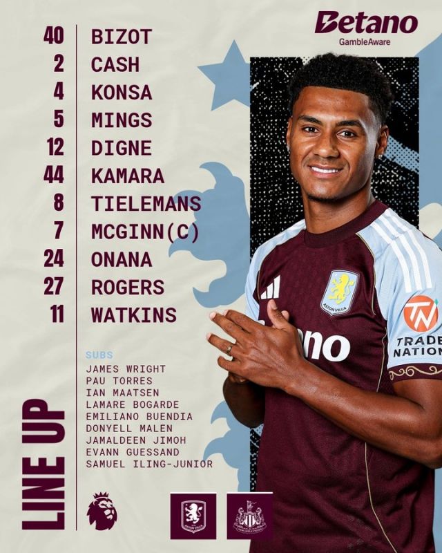 빌라는 골키퍼 비조트를 시작으로 디뉴-밍스-콘사-캐시-오나나-카마라-로저스-틸레만스-맥긴-왓킨스가 선발 출전했다. 사진=아스톤 빌라 SNS
