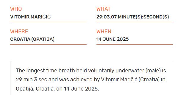 기네스월드레코드에 등재된 비토미르 마리치치의 잠수 기록. [사진 = GWR]