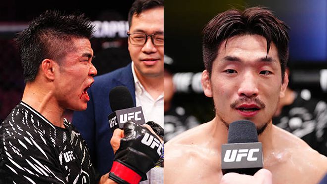Road to UFC 시즌2 밴텀급 토너먼트 준우승 샤오룽이 2024년 11월, Road to UFC 시즌3 밴텀급 토너먼트 우승자 유수영이 2025년 3월 UFC 정규 데뷔전 승리 소감을 말하고 있다. 사진=TKO
