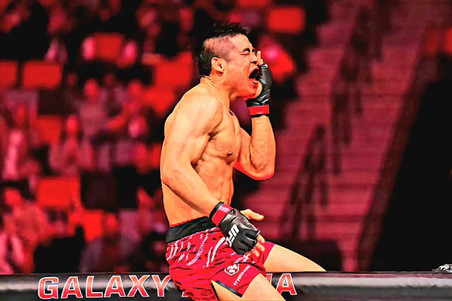 Road to UFC 시즌2 밴텀급 토너먼트 준우승 샤오룽이 2024년 11월 중국 마카오특별행정구 아오먼인허쭝허두자청에서 UFC 정규 데뷔전 승리를 거둔 후 감격하고 있다. 사진=TKO