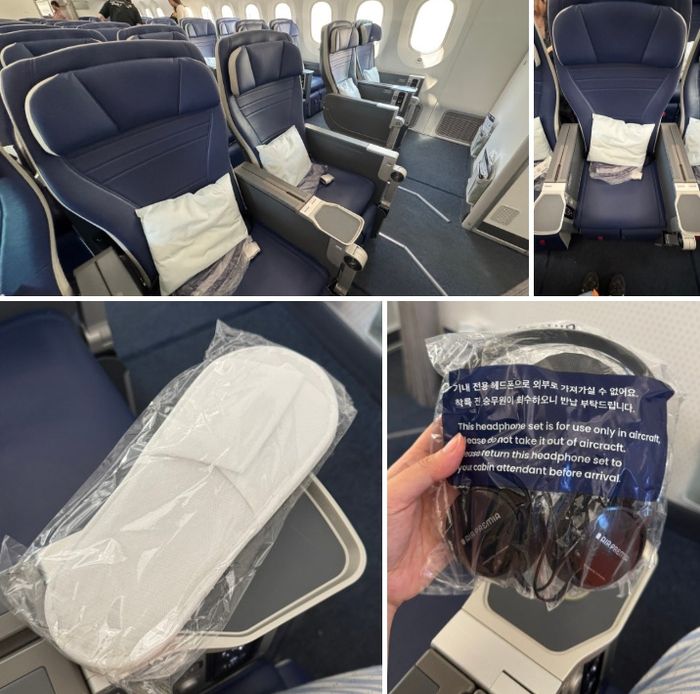 와이드 프리미엄 좌석에 앉으면 일회용 슬리퍼와 담요 등 안락한 비행에 필요한 물품들을 무료로 제공받을 수 있다. / 사진=홍지연 여행+ 기자