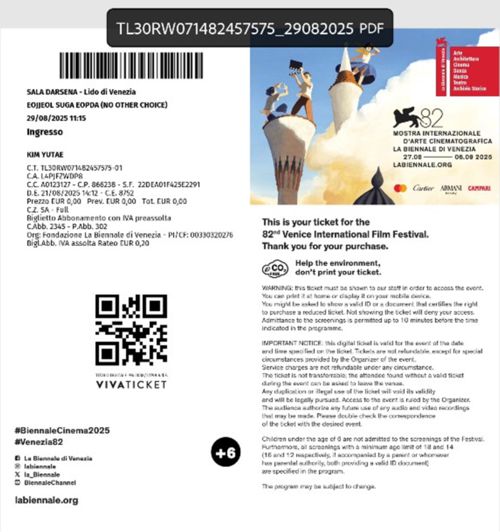 박찬욱 감독 ‘어쩔수가없다’의 베니스영화제 상영 티켓. [김유태 기자]