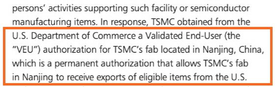 미국 상무부로부터 중국 난징 공장에 대해 영구적 VEU 지위를 획득했다고 소개하고 있는 TSMC 사업보고서 내용. <이미지=TSMC 사업보고서 145페이지 캡처>