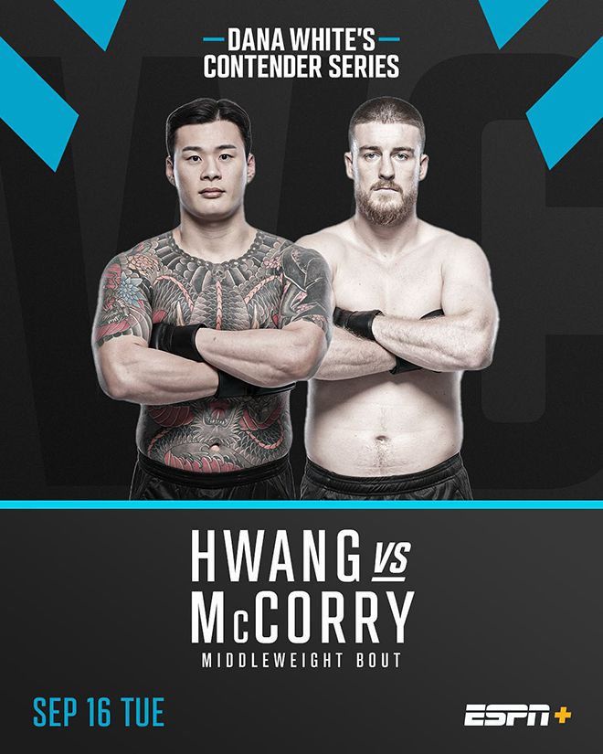 제8대 로드FC 미들급 챔피언 황인수, 리얼리티프로그램 The Ultimate Fighter 시즌32 미들급 토너먼트 준결승 패디 매코리. 둘은 한국시간 2025년 9월17일 오전 9시부터 UFC 데이나 화이트 회장 주최 오디션 Contender Series 시즌9 6주차 개막전으로 맞붙는다. 사진=TKO