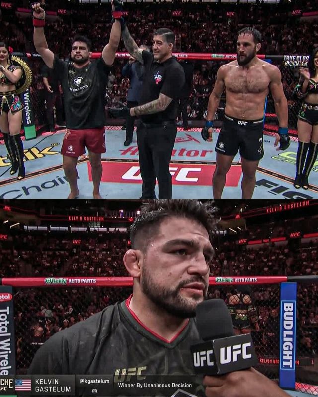 캘빈 개스텔럼은 14일(이하 한국시각) 미국 텍사스주 샌안토니오의 프로스트뱅크 센터에서 열린 더스틴 스톨츠푸스와의 노체 UFC 계약 체중 매치에서 3라운드 판정 승리했다. 사진=ESPN SNS