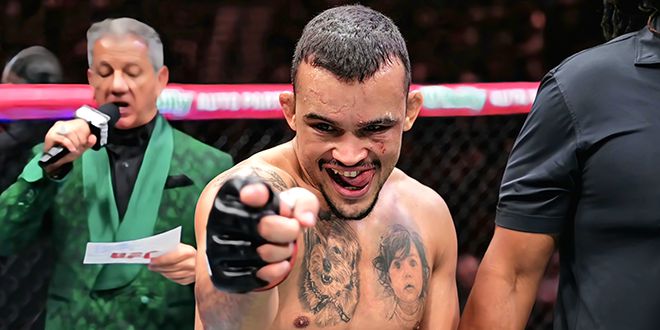 다니에우 구스타부 곤자가 산투스가 2025년 10월 미국 네바다주 패러다이스의 티모바일 아레나에서 2라운드 21초 KO로 ‘좀비 주니어’ 유주상을 꺾어 UFC 4연승을 달성한 후 기뻐하고 있다. 사진=TKO