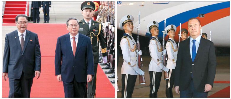 리창 중국 국무원 총리(왼쪽 사진 오른쪽)가 9일 평양 순안공항에 도착해 박태성 북한 내각 총리와 북한군 의장대를 사열하고 있다. 오른쪽 사진은 같은 날 드미트리 메드베데프 러시아 국가안보회의 부의장이 평양에 도착한 모습.  신화통신EPA연합뉴스