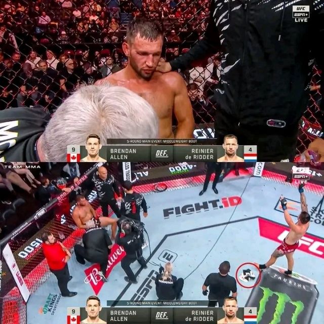 레이니어 더 리더는 19일(한국시간) 캐나다 브리티시컬럼비아주 밴쿠버 로저스 아레나에서 열린 브렌던 앨런과의 UFC 파이트 나이트 메인 이벤트 미들급 매치에서 4라운드 이후 코너 스탑, TKO 패배했다. 사진=X