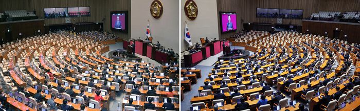 (왼쪽) 윤석열 대통령이 2022년 10월 서울 여의도 국회 본회의장으로 2023년 예산안 시정연설을 하고 있다. (오른쪽) 이재명 대통령이 4일 여의도 국회에서 내년도 정부 예산안에 대한 시정연설을 하고 있다. 국민의힘은 불참했다. [김호영 기자 / 한주형 기자]