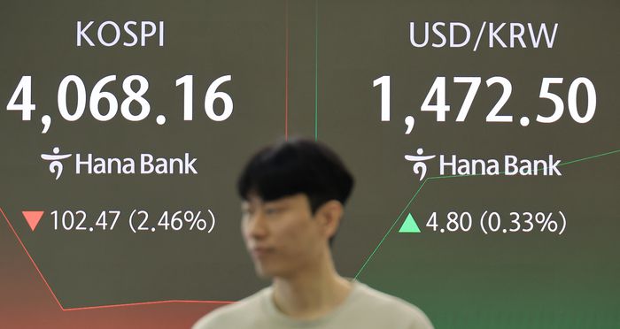 14일 서울 하나은행 본점 딜링룸 모니터에 주가와 환율이 표시되고 있다. 이날 달러당 원화값은 1471.9원에 장을 시작했으나 이내 1450원대로 올라섰다. [연합뉴스]