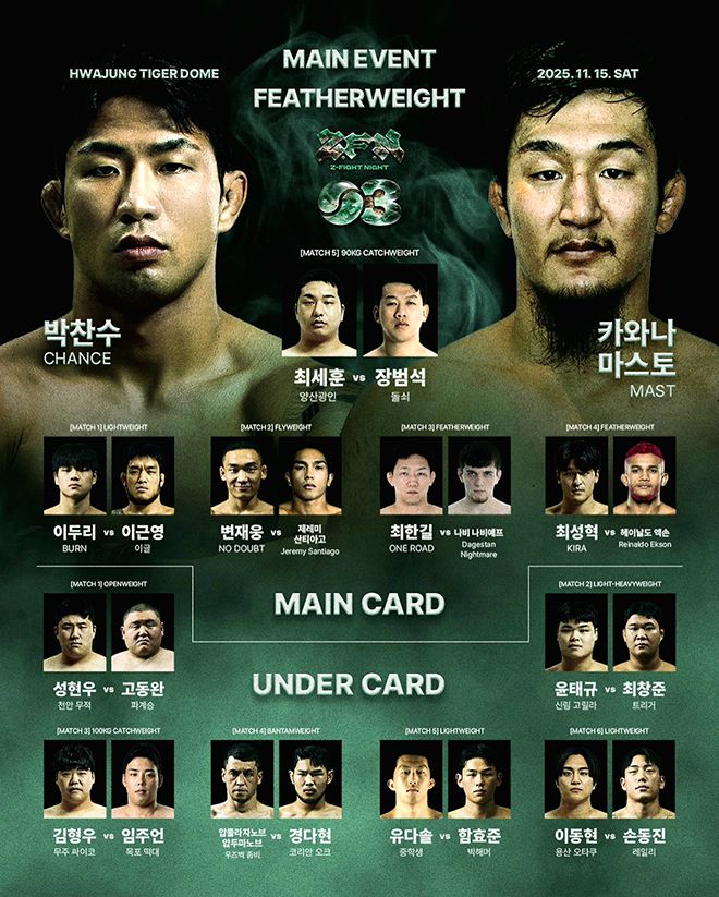 서울특별시 고려대학교 화정체육관에서는 2025년 11월15일 토요일 ZFN 3이 총 12경기 규모로 열린다. 언더카드(오후 3시~)는 구독자 111만 정찬성 Korean Zombie 유튜브 채널, 메인카드(오후 6시~)는 UFC 파이트 패스가 생중계한다. 사진=MCP ECC