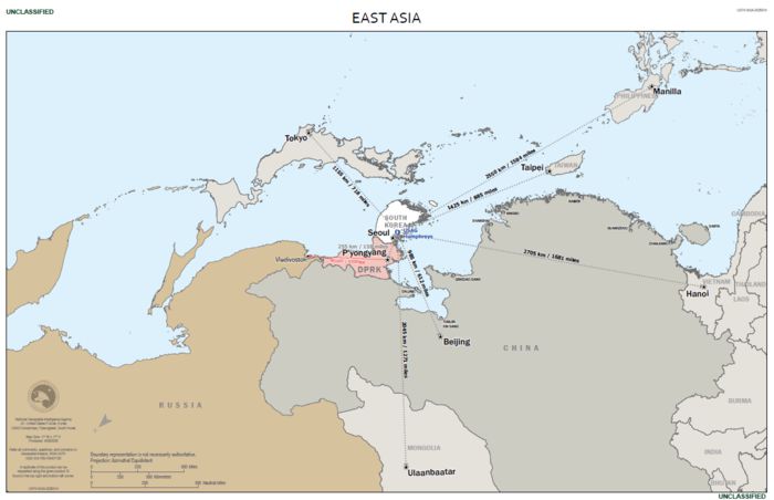 주한미군이 제작해 내부교육용으로 사용하고 있는 ‘동쪽이 위인 지도’. [사진=주한미군 사령부 제공]