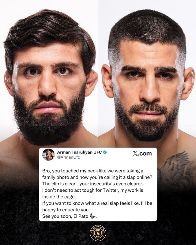 사루키안은 “우리가 가족사진을 찍는 것처럼 내 목을 살짝 건드려놓고 이제 와서 그걸 때렸다는 하는 건가? 영상은 명확하다. 그리고 네가 불안하다는 건 더욱 명확하다. 나는 SNS에서 터프한 척할 필요가 없다. 내 일은 케이지 안에서 끝낼 뿐이야. 진짜 맞는 게 무엇인지 알고 싶다면 직접 교육해줄게. 곧 보자, 토푸리아”라고 답했다. 사진=홈 오브 파이트 SNS