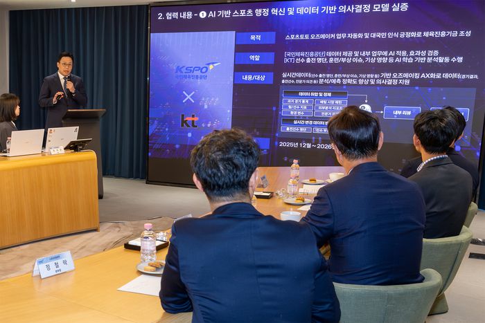 27일 KT 광화문 빌딩에서 열린 인공지능(AI) 기술을 활용한 공공 스포츠 혁신을 위한 업무협약식 모습. 국민체육진흥공단