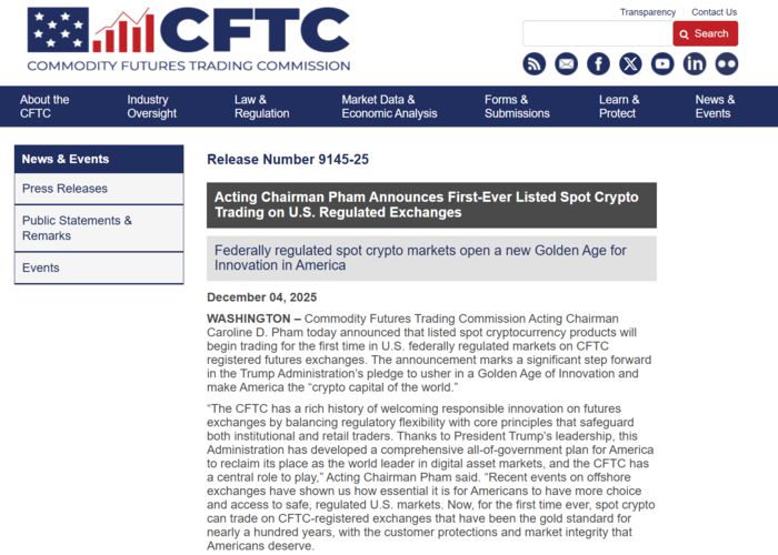미국 상품선물거래위원회(CFTC)] 4일(현지시간) 미 상품선물거래위원회(CFTC)가 배포한 보도자료. 캐롤라인 팸 의장 대행은 이날 성명을 통해 CFTC에 등록된 선물거래소에서 가상자산 현물(Spot Crypto) 상품의 상장 및 거래를 최초로 허용한다고 발표했다. [자료=미 CFTC]