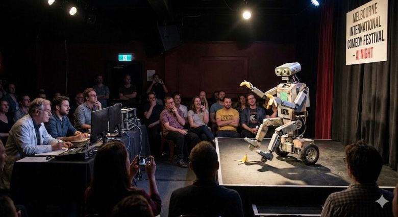 스탠드업 코미디를 하는 인공지능(AI) 로봇을 연구팀이 평가하고 있는 가상 이미지.  제미나이