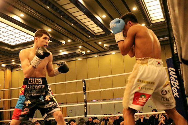 U22 아시아선수권 2위 옌흐사이한 ‘박찬대’ 오유운예르데네와 세계복싱협회 밴텀급 동아시아 챔피언을 지낸 오상헌이 2025년 12월 스위스그랜드호텔서울 컨벤션센터 특설 링에서 동양태평양복싱연맹 슈퍼밴텀급 실버 챔피언결정전을 치르고 있다. 사진=KBM 한국복싱커미션