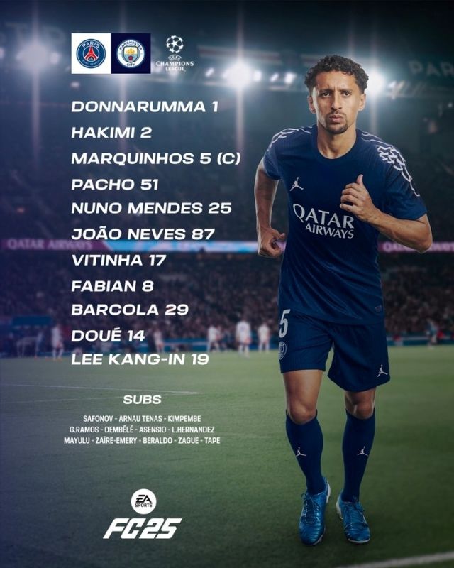 PSG는 골키퍼 돈나룸마를 시작으로 하키미-마르키뇨스-파초-멘데스-루이스-네베스-비티냐-이강인-바르콜라-두에가 선발 출전했다. 사진=PSG SNS