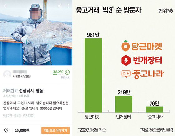 중고거래가 활성화되면서 전에 없던 이색 품목 거래도 늘어나고 있다. 갓 잡은 생선을 파는가 하면 공중전화박스나 안내데스크도 거래된다. <당근마켓 캡처>